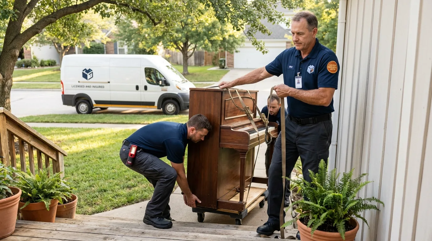 Licensed piano movers securing grand piano in Taos, NM