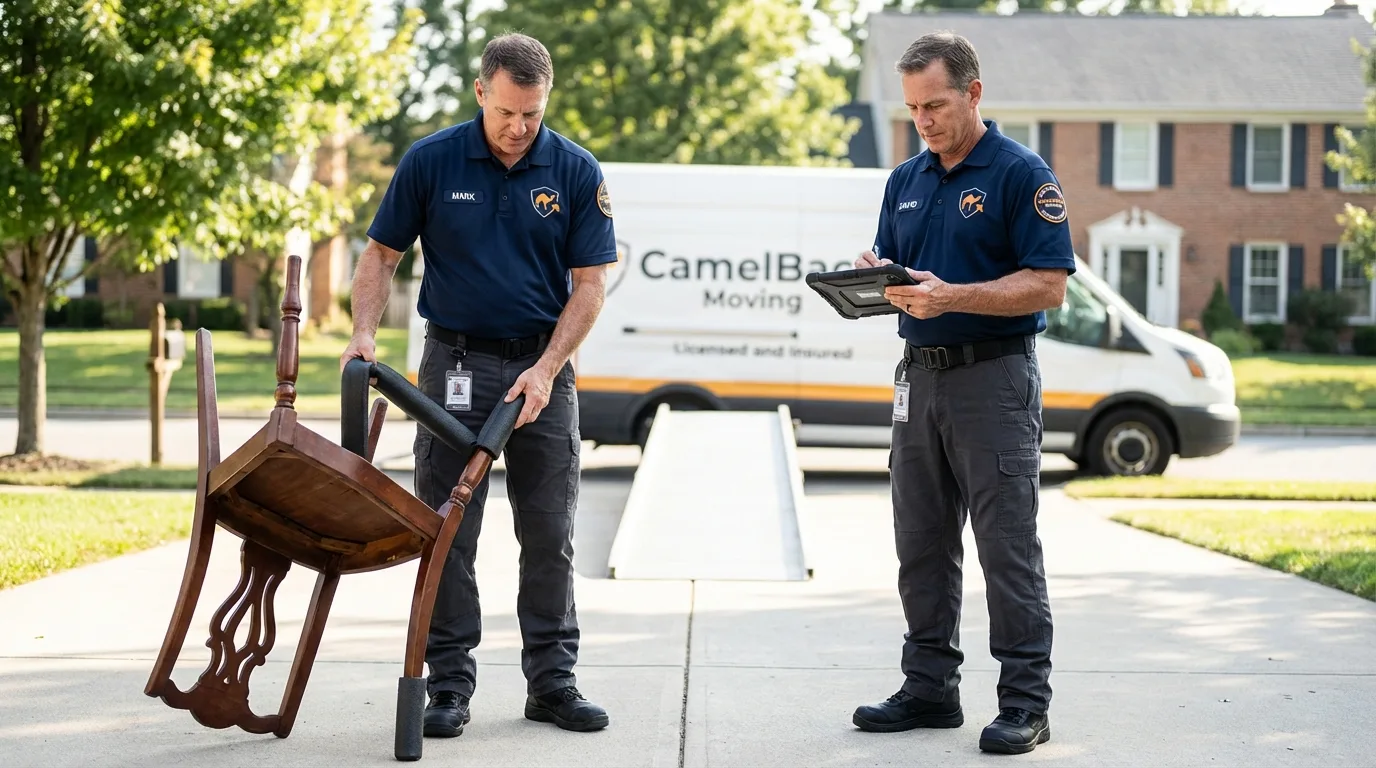 Movers inspecting furniture for damage prevention before loading in Taos, NM