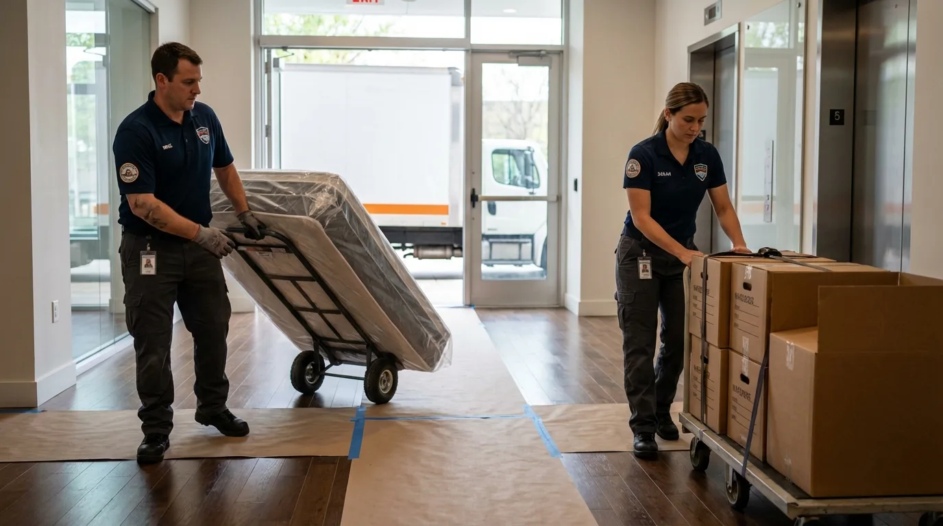 Professional apartment movers loading elevator in Taos, NM