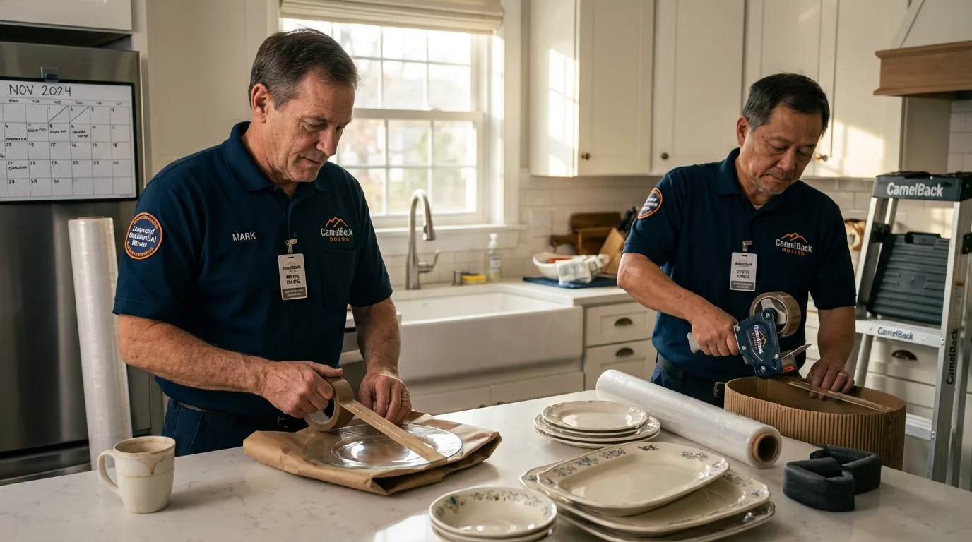 Professional crew packing kitchen dishware in Taos, NM
